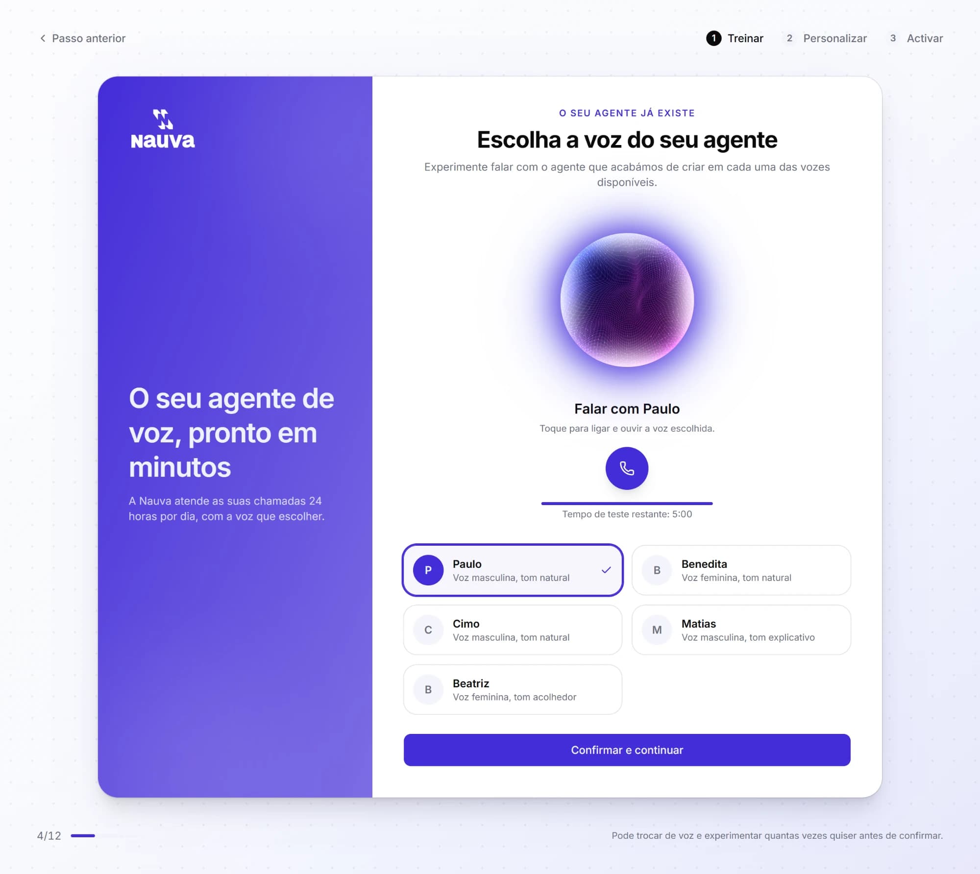 Choosing the agent's voice and a test call in the browser
